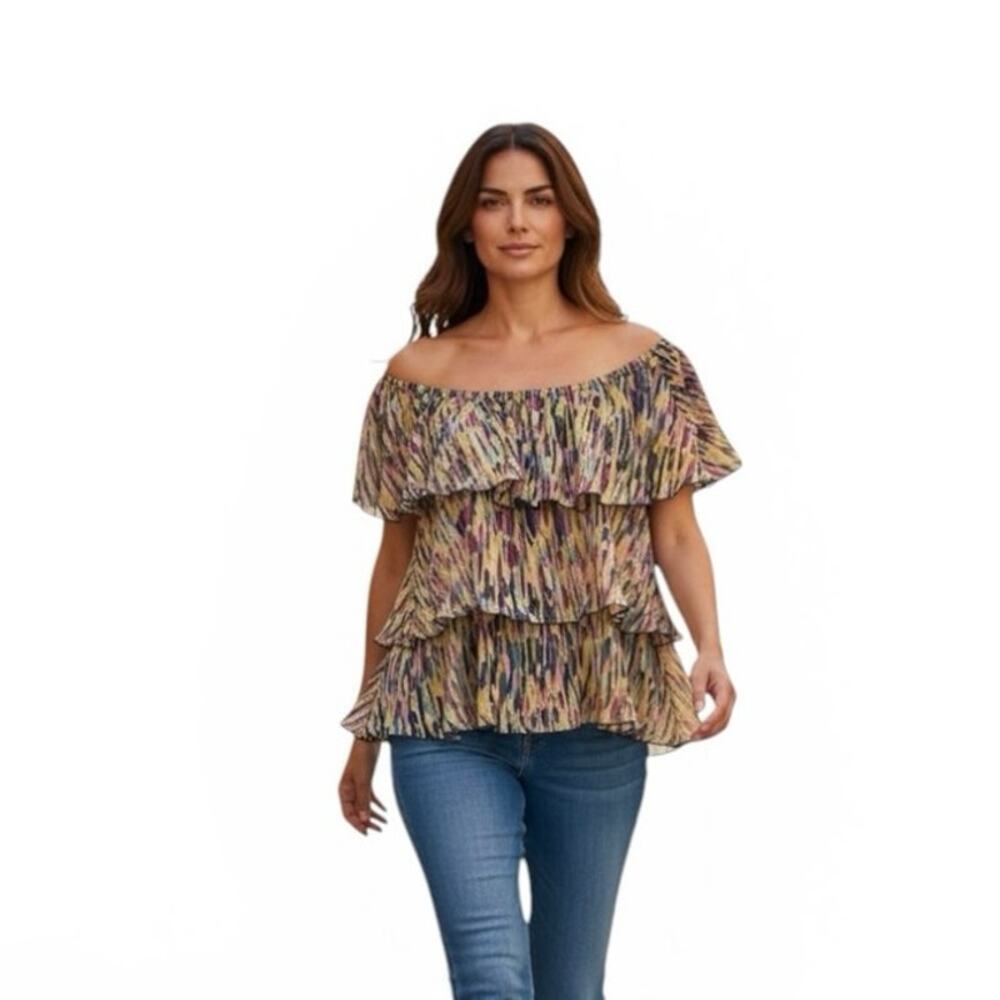 Spence Ribbon Print Chiffon Blouse Size Large Ruffle SS 
Lightweight Sheer Top